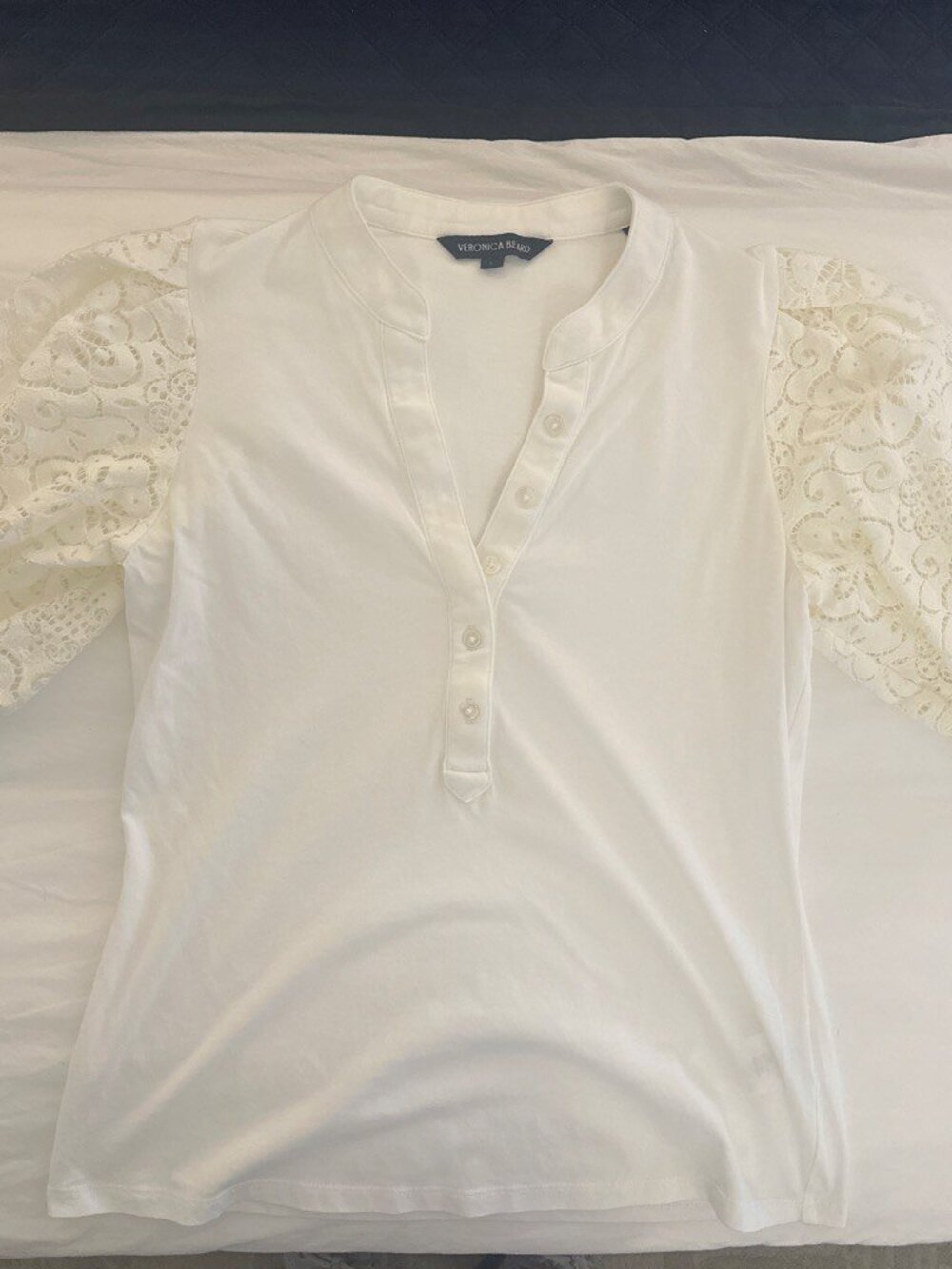 Veronica Beard Coralee Cream Lace Puff Sleeve Henley Top Size S